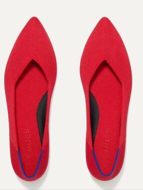 Rothy's Red Pointed Knit Flats with Blue Trim